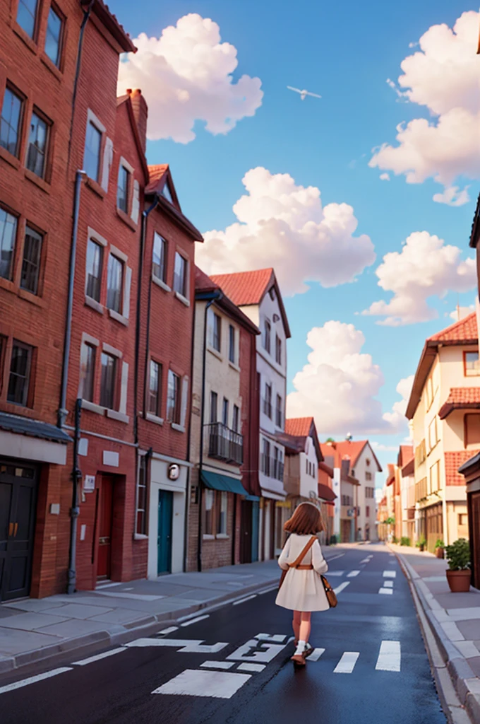 a street with clouds, a road made of clouds, with a girl walked