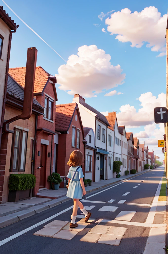 a street with clouds, a road made of clouds, with a girl walked