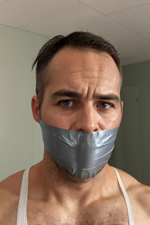 middle-aged handsome man half body, hairy chest, naked, , stubble, facial hair, bearded,tape gag, tape wrapped, wrap gag, tightly bound, tape wrapped around face , asian , white singlet, mircrofoam tape