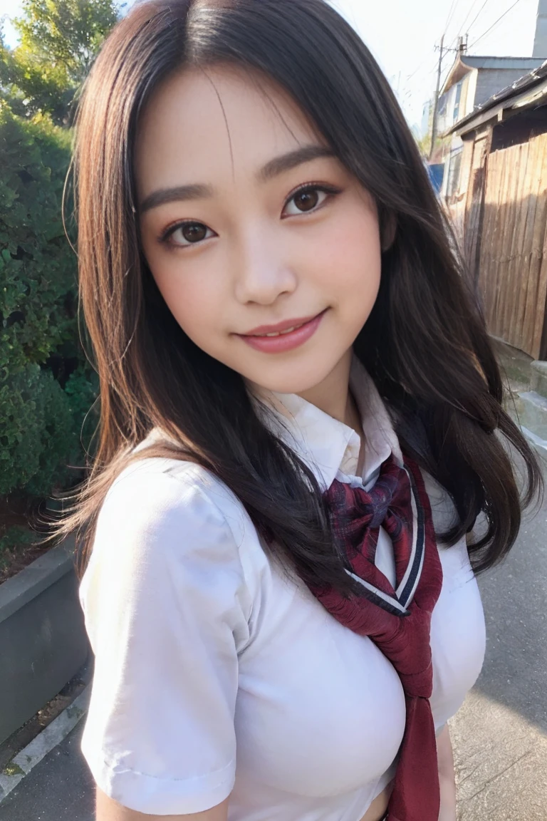 resolution, 1 girl, looking at the viewer,young beautiful japanese woman, super cute face, gorgeous appearance, big breasts,long bob hair,smile,(school uniform:1.3),beautiful eyes,(It&#39;s windy:1.3), Walking down a crowded street with a smile,glossy lips, double eyelids in both eyes, natural makeup, long eyelashes, Shiny and smooth light brown long bob hair, asymmetrical bangs, shiny skin, center image, High resolution, high detail, detailed hairstyle, detailed face, great movie lighting, octane rendering, lively, surreal, perfect limbs, perfect anatomy, Spreading hair、Slender beauty:1.4、((saggy breasts:1.4))、Breast exposed、Slim abs、Narrow waist、(smile:1.2) 、(pleated mini skirt、Tuck up the hem of your skirt:1.2))、Slender and long beautiful legs、Open your feet wide、(Sheer black stockings:1.2)、(lace panties:1.2、Beautiful pussy exposed、Take off、pussy creampie、pubic hair:1.1)、(from below:1.2)、Backlight、