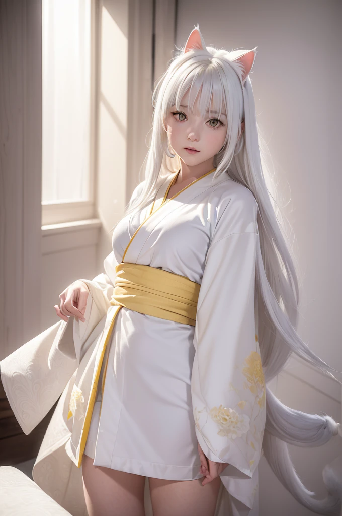 in 8in 8K,top-quality,Real Image,intricate detailes,超A high resolution,Depth Field,masuter piece,natural soft light,profetional lighting,1 girl in,(cute little:1.2),an extremely beautiful 17-year-old girl,A detailed eye,I can see panties,Delicate thighs visible from the front, ((white hair:1.5, white cat ears:1.8, long hair:1.8, front fringe, yellow eyes, medium breasts, white kimono:1.5), snow garden, sexy pose, Beautiful butt back view, behind pussy,