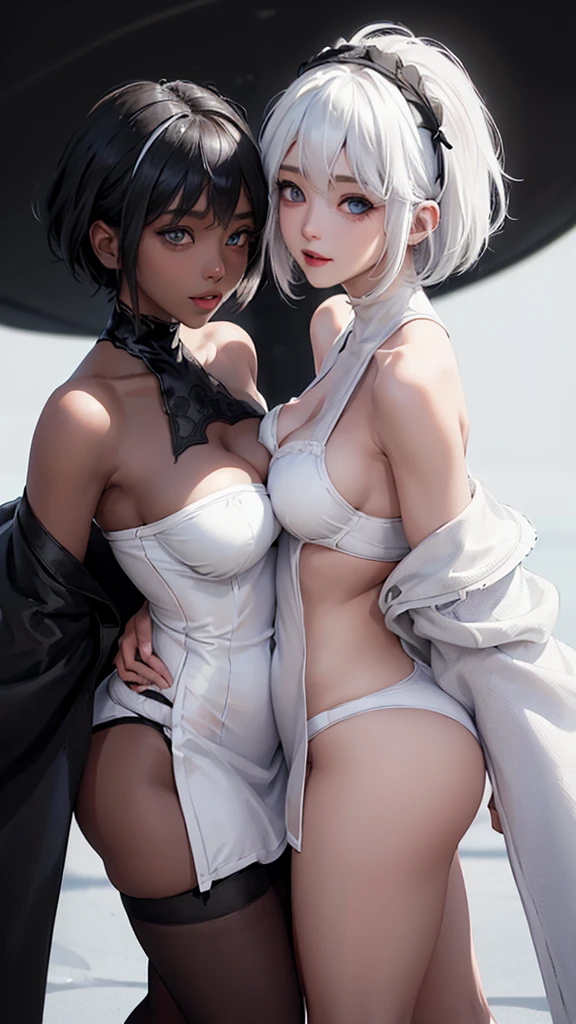 ((High quality)),masutepiece,(Detailed depiction of local details:1.2),1girl in,blue eyes,Plump breasts,Enchanted Valley,Closed mouth,Eyelashes,Portrait,solo,White hair,black theme,Short hair,Silver hair,yorha no. 2 Type B,(((White hair and black hair)))、Full body view、((Two girls dressed similarly))((Woman in white underwear、Woman in black underwear))((Two people smiling))((Light skin and dark skin))(((Black Hair、Dark Skin、Woman in Black Dress)))((white thong))((black thong))Stick your butt out