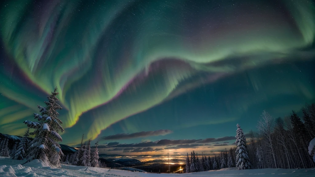 wonderfull stary pink and green sky with Aurora borealis in norway snowy forest, 