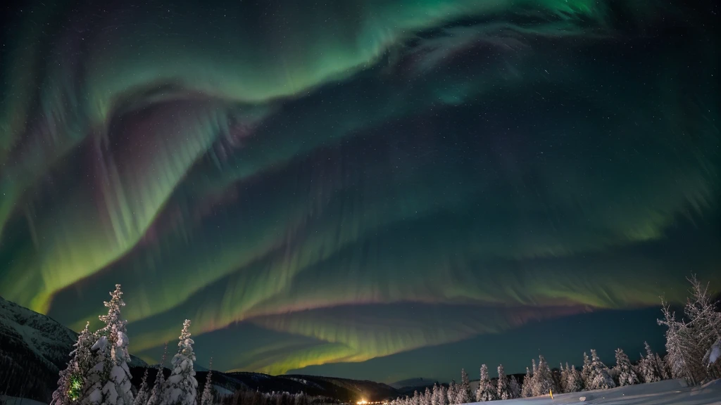 wonderfull stary pink and green sky with Aurora borealis in norway snowy forest,
