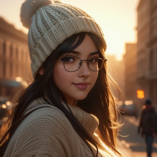 beautiful chubby girl of twenty years old, with golden brown eyes, very tousled dark brown tousled long hair, glasses with lenses, model appearance, smiling, I look at the viewer, standing on the street in a sweater and knitted hat, spring, Contour light, epic realistic, Contour light, epic realistic Contour light, HDR,epic realistic, (Anime), (illustration), cartoon, detailed, illustration, cartoon, soothing tones, Soothing colours, art by Greg Rutkowski and artgerm, soft cinematic light, Adobe Lightroom, Photo lab, HDR, difficult, highly detailed, ((((depth of field))))