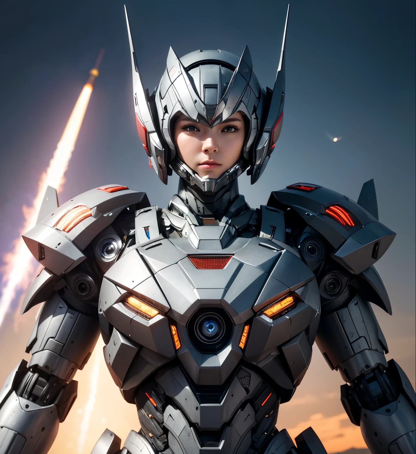  Super detailed, advanced details, high quality,  High resolution, 1080p, hard disk, beautiful,(war machine),Armor War,(Missile)Capture the big picture,beautiful,Mecha cyborg girl,battle mode,Mecha body girl,She is wearing a futuristic war machine weapon mecha