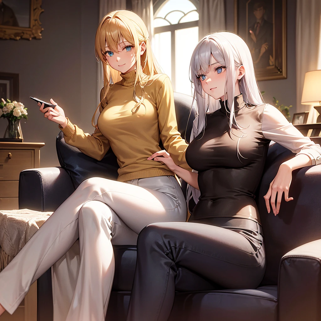 In a modern living room, filled with natural sunlight filtering through open curtains, a young man and a young woman relax together on a plush sofa. The man is distinguished by his white hair, yellow eyes, and slim frame, clad in a pristine white shirt and matching jogging pants. He holds a meticulously detailed smartphone, his expression bright with a warm smile.
Opposite him sits the young woman, her blonde hair catching the light in soft waves, complemented by piercing blue eyes. She wears a stylish blazer over a neatly pressed shirt, paired with jeans. Engrossed in a green book, she exudes an air of focused concentration.
The entire scene is a testament to artistic excellence, featuring impeccable animation and attention to detail. Both characters boast expressive eyes, flawless facial features, and hands with precise anatomical accuracy, right down to their fingers. The modern décor of the room enhances the ambiance, with carefully chosen furnishings and decorations that add to its contemporary allure.