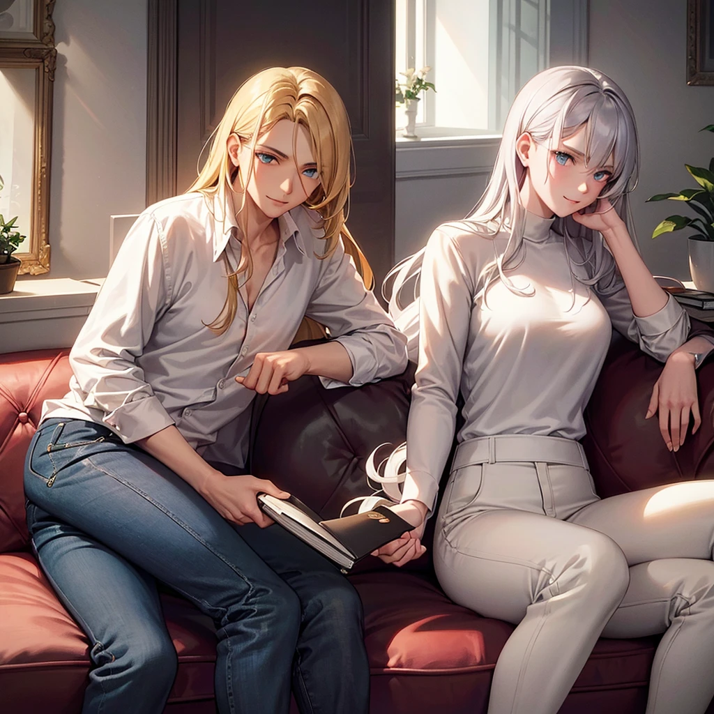 In a modern living room, filled with natural sunlight filtering through open curtains, a young man and a young woman relax together on a plush sofa. The man is distinguished by his white hair, yellow eyes, and slim frame, clad in a pristine white shirt and matching jogging pants. He holds a meticulously detailed smartphone, his expression bright with a warm smile. 

Opposite him sits the young woman, her blonde hair catching the light in soft waves, complemented by piercing blue eyes. She wears a stylish blazer over a neatly pressed shirt, paired with jeans. Engrossed in a green book, she exudes an air of focused concentration.

The entire scene is a testament to artistic excellence, featuring impeccable animation and attention to detail. Both characters boast expressive eyes, flawless facial features, and hands with precise anatomical accuracy, right down to their fingers. The modern décor of the room enhances the ambiance, with carefully chosen furnishings and decorations that add to its contemporary allure.