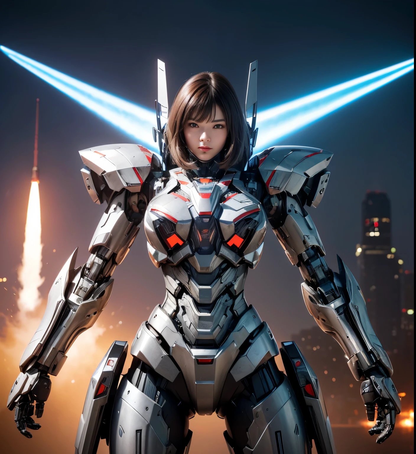 Super detailed, advanced details, high quality, High resolution, 1080p, hard disk, beautiful,(war machine),Armor War,(Missile)Capture the big picture,beautiful,Mecha cyborg girl,battle mode,Mecha body girl,She is wearing a futuristic war machine weapon mecha