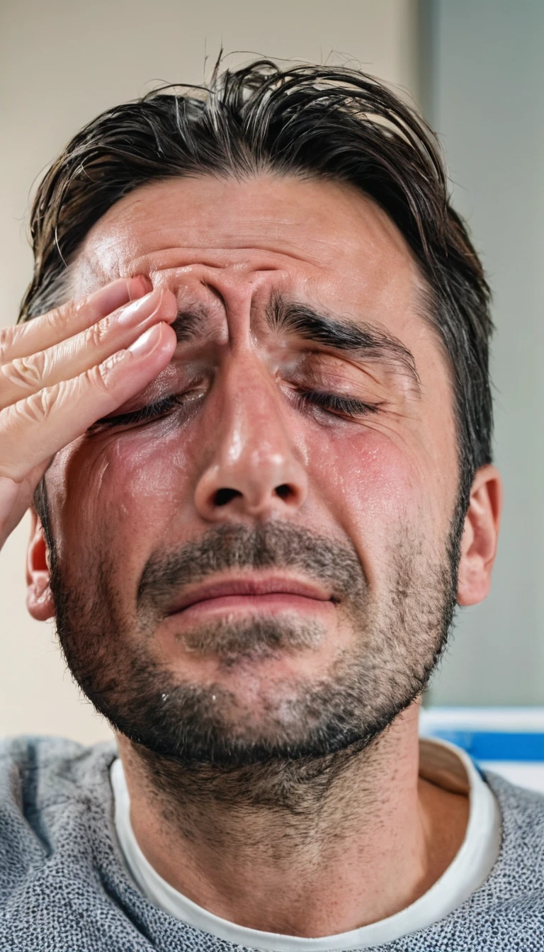 A European man about 35 years old was holding his face and crying on a patient's bed