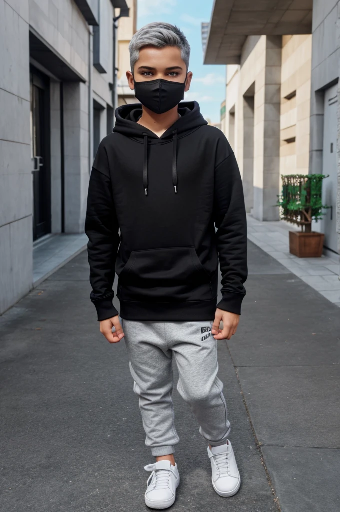 make a minecraft boy with black hoodie and black capri and white shoes and white grey hairs with mask