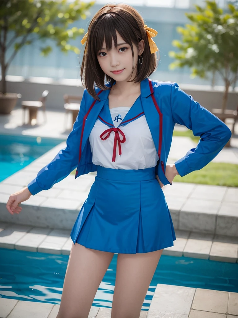 (alone:1.5),Light brown short-cut hair、Big Breasts:1.5、looking at the camera、A big smile、((((whole body))))、Top image quality、超A high resolution、(photographrealistic:1.4)、 AccentLighting, 8K, japanese, (Beautiful face: 1.1)、(photorealistic photos:1.2)、At 8K、haruhi_surfing, white long sleeve shirt and blue collar, micro mini skirt,blue skirt, red tie, yellow ribbon, pretty girl, Pool