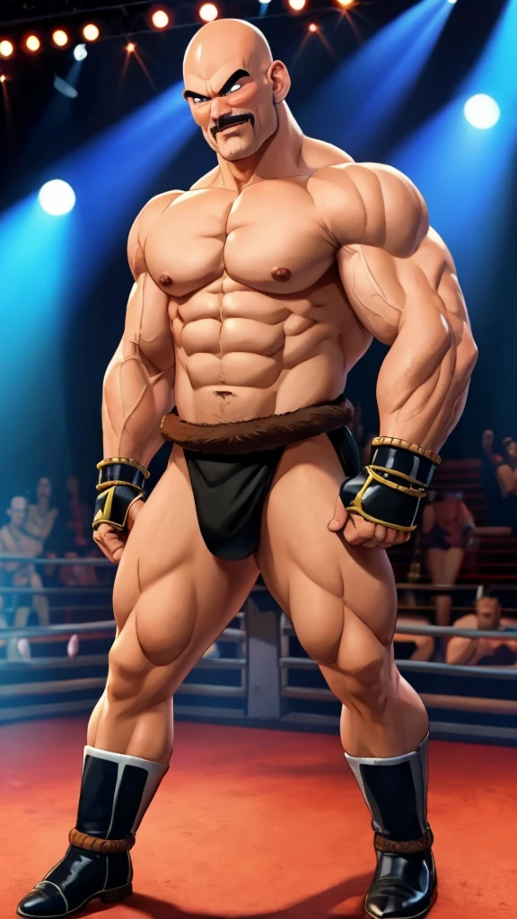 nappa, male focus, solo,cowboy shot, 1boy, bald, muscular male, abs ,black vambraces, veins, pectorals, thighs, black eyes , nipple , mustache, ( nude ) , tail around waist, (best quality, masterpiece) , BDSM , full body , boxing gloves , black boots , strip club stage , blushing face , ashamed face , Hide the hand , backside , show ass