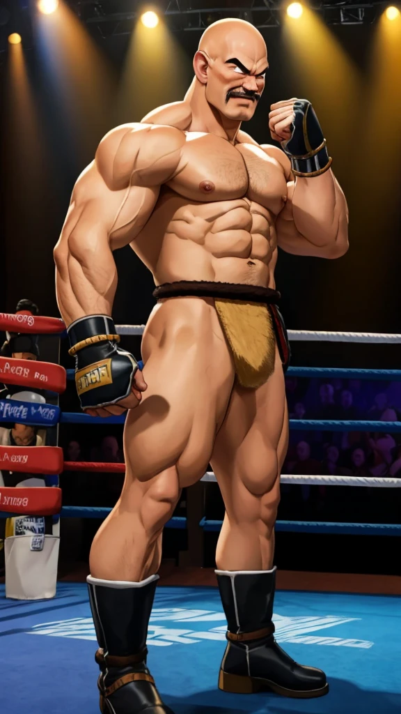 nappa, male focus, solo,cowboy shot, 1boy, bald, muscular male, abs ,black vambraces, veins, pectorals, thighs, black eyes , nipple , mustache, ( nude ) , tail around waist, (best quality, masterpiece) , BDSM , full body , boxing gloves , black boots , strip club stage , blushing face , ashamed face , Hide the hand , backside , show ass