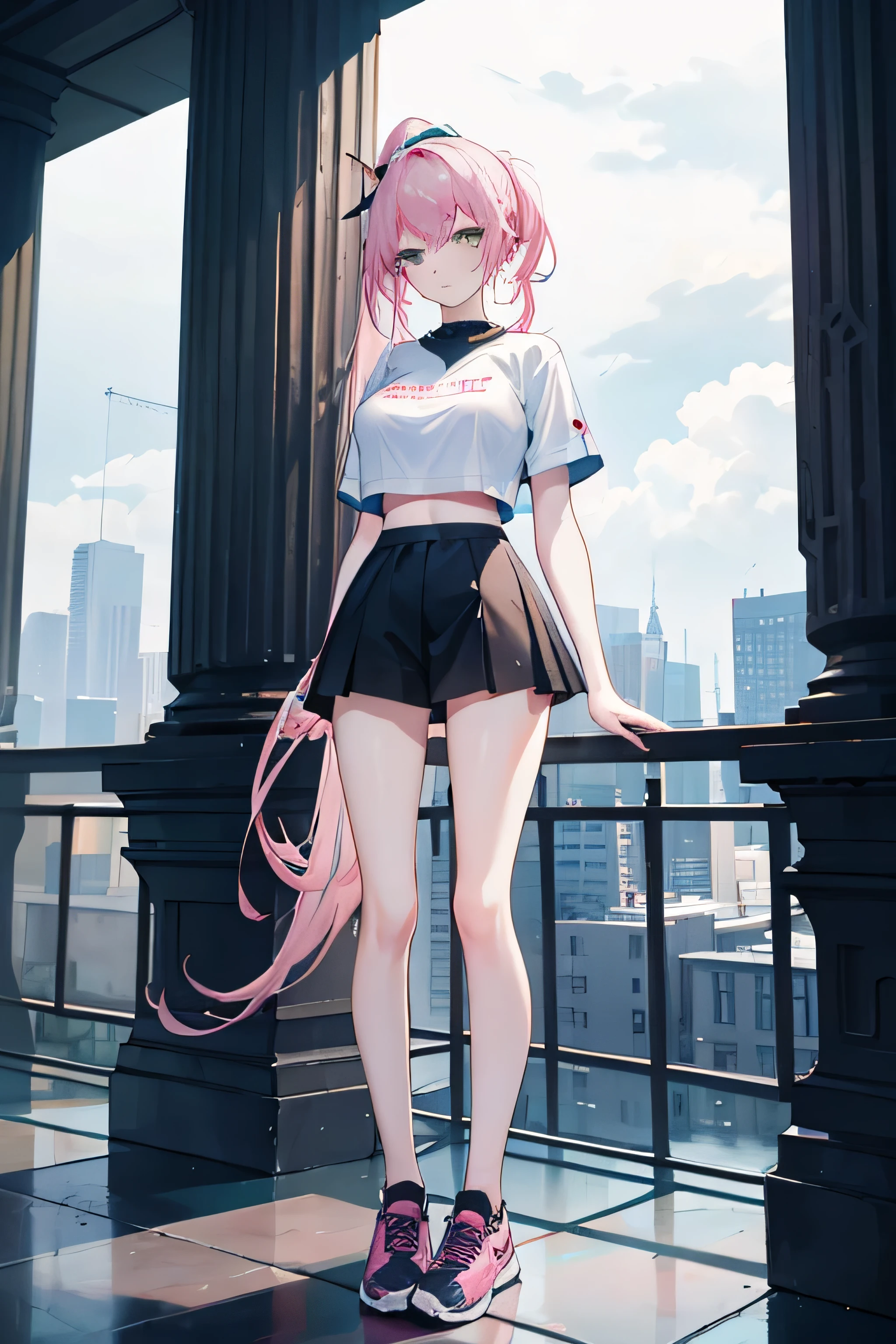 full body, masterpiece, 8k, ultra HD, sharp focus, details hair, beautiful hair, details face, beautiful detail eye, details pupil, perfect hand, vibrant colours, soft lighting.
1girl, long hair, ponytail, light blue-pink hair, dark green eyes, large breast, losses top, beautiful crop top, open chest, black underwear, sneakers.
in city, standing, beside pillar, raining, nice clouds
