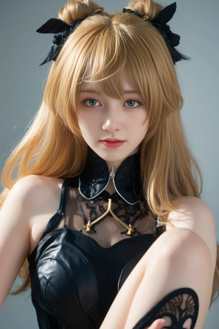 best quality, tmasterpiece,Ultra-high resolution,Clear face,(Reality:1.4),ferpect lighting,(upper body shot:1.5), (photorealistic:1.50), anime wallpaper, Guviz style artwork, cover-up fantasy up to magic , by Yang J, Guviz, beautiful artwork illustration, beautiful digital artwork, beautiful digital illustration, Li Song, beautiful anime portrait, art style in Beauvot, 1girl, fischl_\(genshin_impact\), 独奏, blindfold, green eyes, two sides up, (blonde hair:1.3), Twin tails, breasts, gloves, Fangs, long hair, looking at viewer, bow, smile, closed mouth , leather Fangs, garter straps, bare shoulders, purple bow, white background, bangs, bowtie, hair over one eye, feather, hair ribbon, ribbon, dress, simple background, big breasts, blush on, (black bodysuit:1.5),Cleavage,