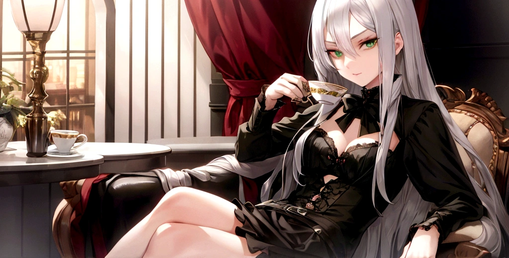 vampire,Silver Hair,girl,Green Eyes,Sit on a chair,Holding a teacup
