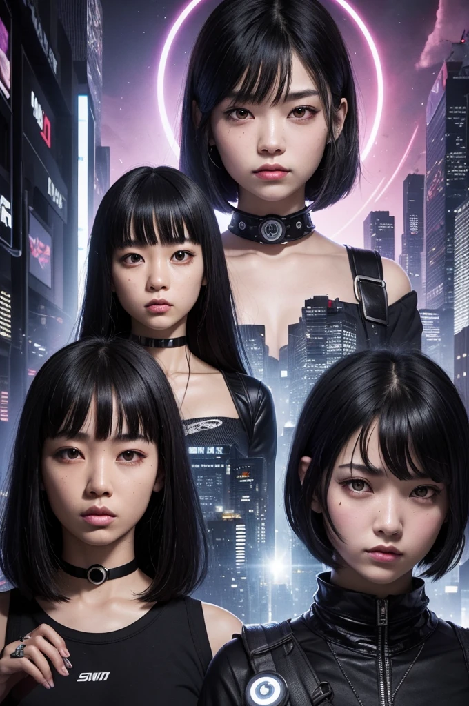  cover of a sci fi book in psychedelic cyberpunk style. Em primeiro plano, there are two girls; the shortest is pale Asian and has short black hair and long bangs, she has black eyes, wears a black sweatshirt and a choker, the tallest has medium black hair with bangs and purple eyes. She wears punk clothes and a spiked choker. in background whith, there is a large eye floating beneath a gray city in the center with a spiral inside it. In the third plan, behind the city occupying the sky there is a giant Asian girl with red eyes positioning her hands like claws around her eye, her eyes are glowing, her hair is long and brown with bangs. Ultra-realistic high definition image