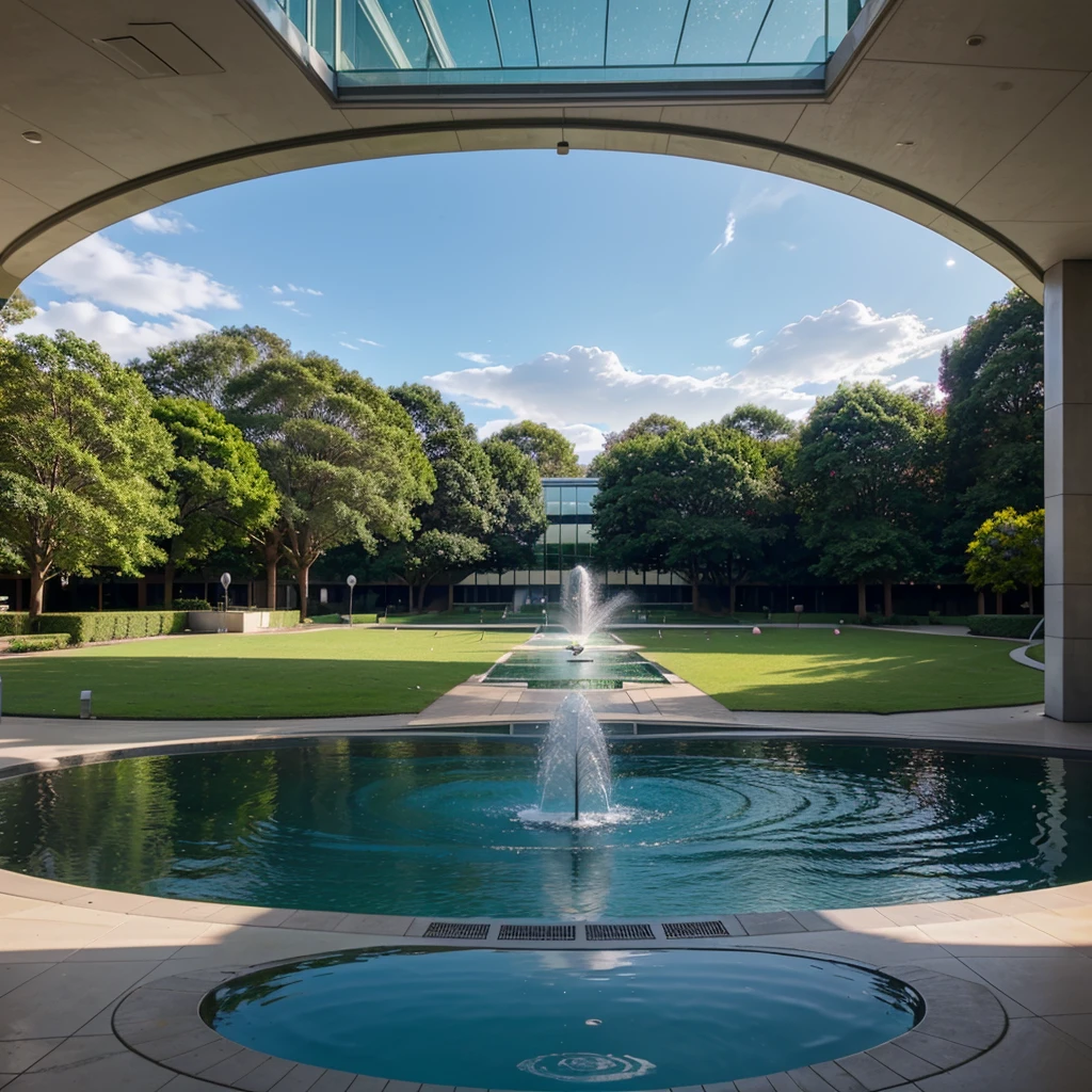 Spacious campus building with glass walls, fountain in front of the building, flower garden in front of the fountain, car park and sports field