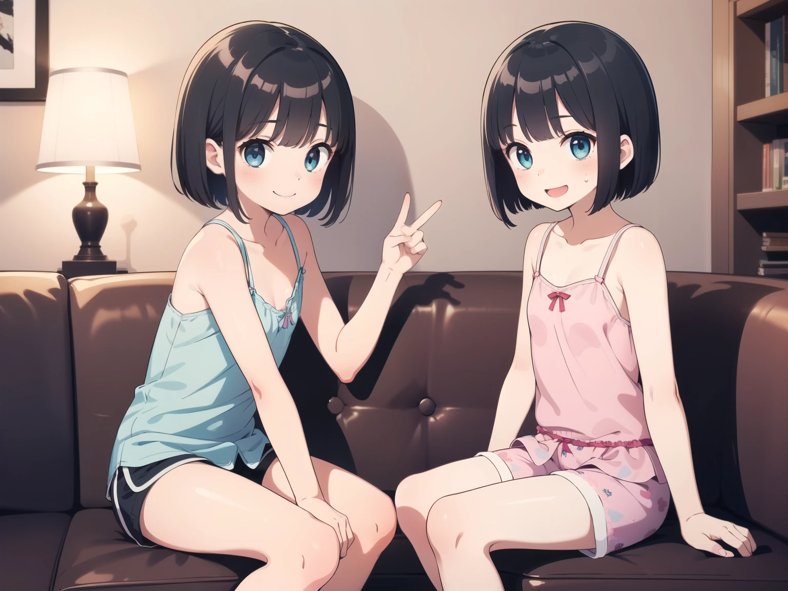 masterpiece, Highest quality, Cowboy Shot、Cute twin girls、Two Girls、((Black Hair、Bob Hair))、Grey Eyes、((((Cute camisole pajamas、Shorts))))、Loose clothing size、((((Small breasts、Flat Chest))))、Slender body、Open your mouth,((Sitting cutely on the sofa facing forward、Sit with space between you)),((Bedroom at night))、((((smile)))),((Favorability))、((((Detailed facial depiction,Beautiful Eyes))))
