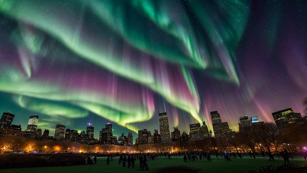 wonderfull stary pink and green sky with Aurora borealis in central park,