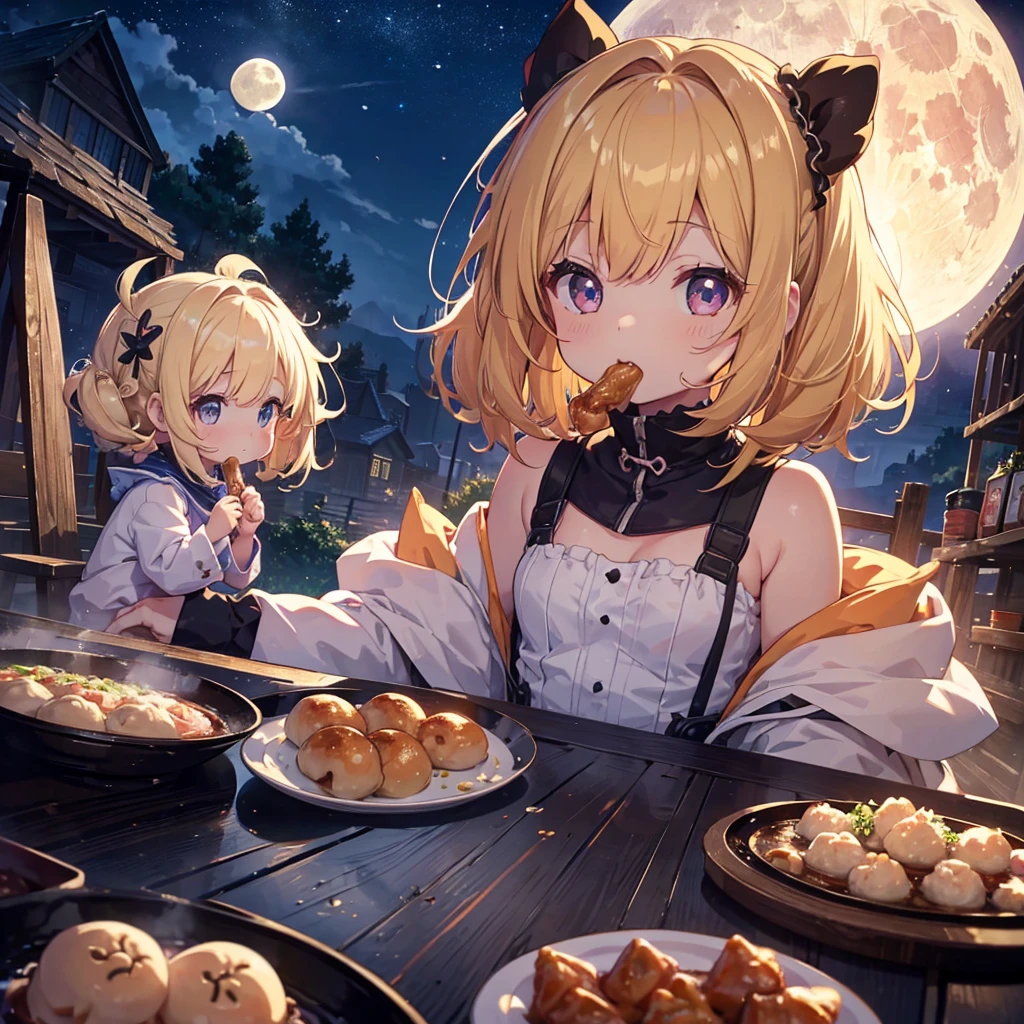 ultra detailed, ultra high res, 64k, Masterpiece, top quality, beautiful eyes in detail, high definition background, bright and beautiful atmosphere, 3 girls (2 , 1 short-tempered round face), Chibi (1 child) (h, surface effect), color effect), small breasts, blonde hair, decorated with many buns under the full moon, a mini pig on a girl's shoulder, a girl eating dumplings on a plate and looking delicious. A lot of mini pigs staring at the moon, mini pigs stuffing their mouths with dumplings, mini pigs with sleepy faces, deltamon_sdXL:0.73) >Deltamon negative prompt