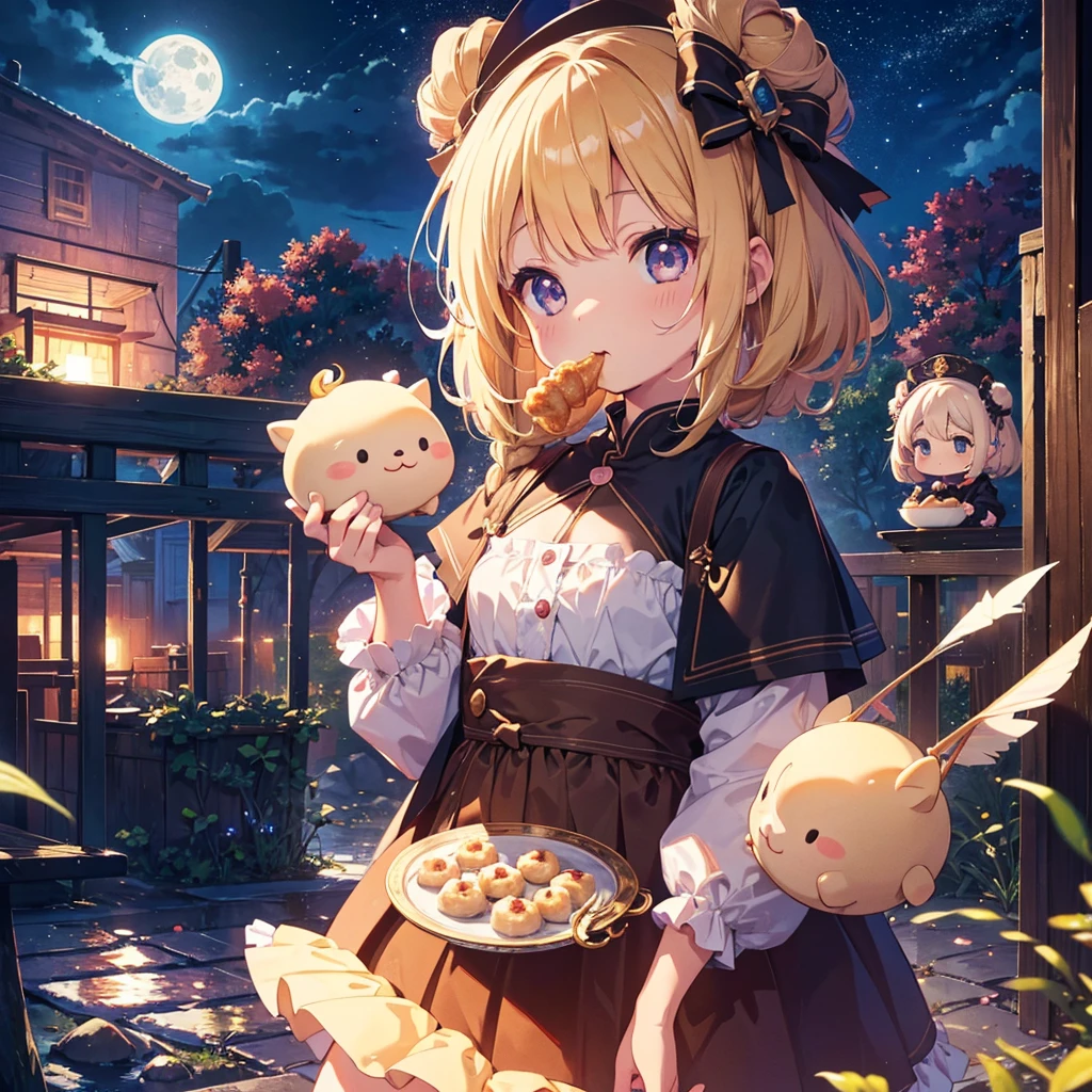 ultra detailed, ultra high res, 64k, Masterpiece, top quality, beautiful eyes in detail, high definition background, bright and beautiful atmosphere, 3 girls (2 years old, 1 short-tempered round face), Chibi (1 child) (hair) , surface effect), color effect), small breasts, blonde hair, decorated with many buns under the full moon, a mini pig on a girl's shoulder, a girl eating dumplings on a plate and looking delicious. A lot of mini pigs staring at the moon, mini pigs stuffing their mouths with dumplings, mini pigs with sleepy faces, deltamon_sdXL:0.73) >Deltamon negative prompt