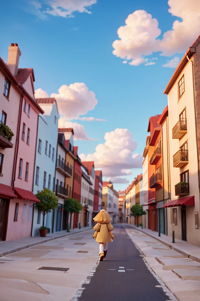a street with clouds, a road made of clouds, with a blonde hair, walked on the street with clouds