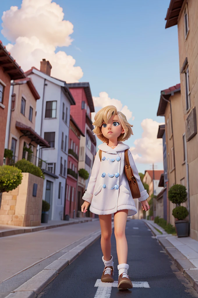 a street with clouds, a road made of clouds, with a blonde hair, walked on the street with clouds