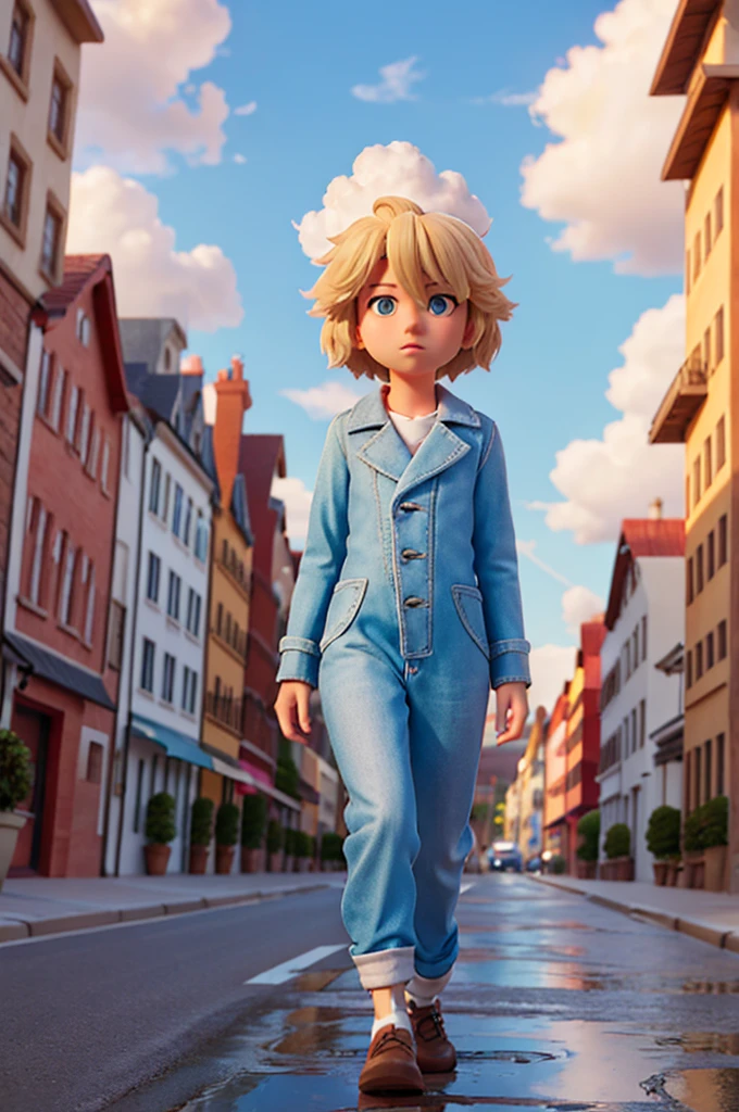 a street with clouds, a road made of clouds, with a  blonde hair, walked on the street with clouds
