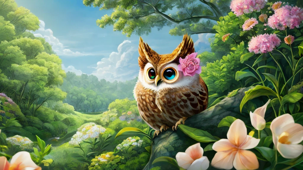 A magical and whimsical scene featuring a fluffy baby owl with soft, blue-gray feathers, large expressive eyes, and a curious demeanor. The owl is perched on a large, delicate flower with creamy petals and a peach-colored center, which is covered in dewdrops that glisten in the soft light. Beside the owl is a tiny, adorable creature with similar large eyes and small fairy-like wings, nestled within the flower's center. The background is softly blurred, featuring other ethereal flowers and gentle light filtering through the foliage, creating a dreamy, enchanting atmosphere. The overall lighting is gentle and diffused, adding to the serene and magical quality of the image
