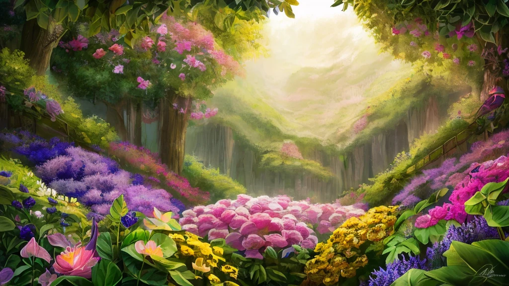 A magical and whimsical scene featuring a fluffy baby owl with soft, blue-gray feathers, large expressive eyes, and a curious demeanor. The owl is perched on a large, delicate flower with creamy petals and a peach-colored center, which is covered in dewdrops that glisten in the soft light. Beside the owl is a tiny, adorable creature with similar large eyes and small fairy-like wings, nestled within the flower's center. The background is softly blurred, featuring other ethereal flowers and gentle light filtering through the foliage, creating a dreamy, enchanting atmosphere. The overall lighting is gentle and diffused, adding to the serene and magical quality of the image