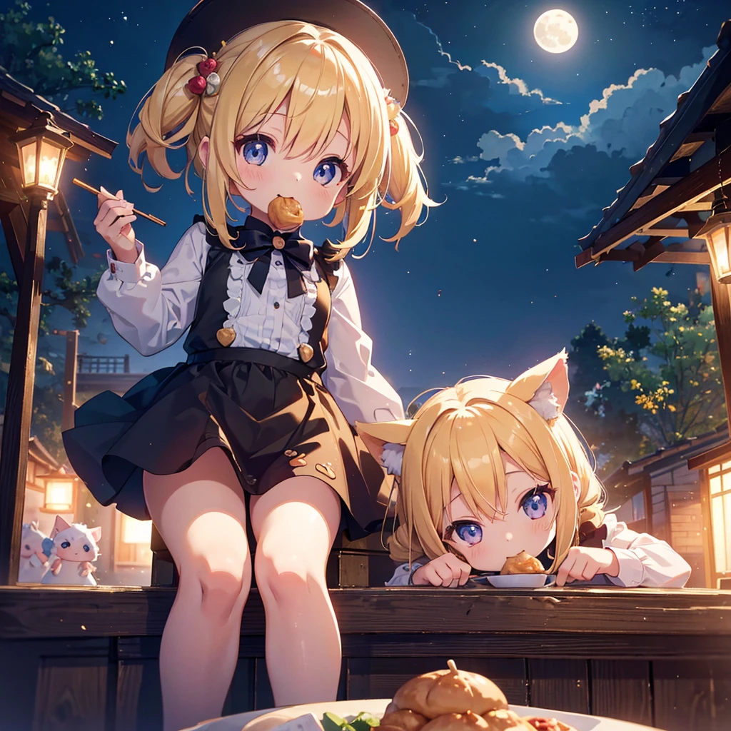 ultra detailed, ultra high res, 64k, Masterpiece, top quality, beautiful eyes in detail, high definition background, bright and beautiful atmosphere, 3 girls (2 years old, 1 short-tempered round face), Chibi (1 child) (hair) , surface effect), color effect), small breasts, blonde hair, decorated with many buns under the full moon, a mini pig on a girl's shoulder, a girl eating dumplings on a plate and looking delicious. A lot of mini pigs staring at the moon, mini pigs stuffing their mouths with dumplings, mini pigs with sleepy faces, deltamon_sdXL:0.73) >Deltamon negative prompt