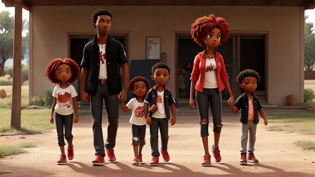 A black family, with a red-haired black man and a woman, with two black children, one younger and one older, all with torn clothes.