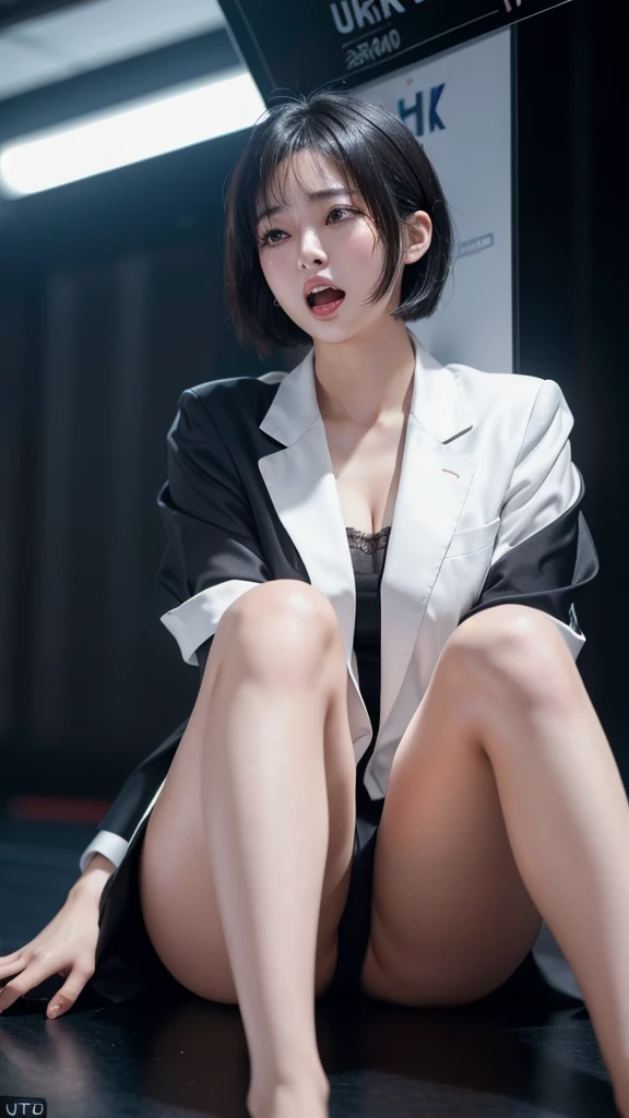 (ultra high definition, 8K, ultra high definition: 1.3),(stock market:1.2), Asian woman in her 20s, Beauty, short hair, stock exchange, bankruptcy, stocks fall,(despair:1.2), (scream: 1.3), One puppy, (tear: 1.3), dressed in suit