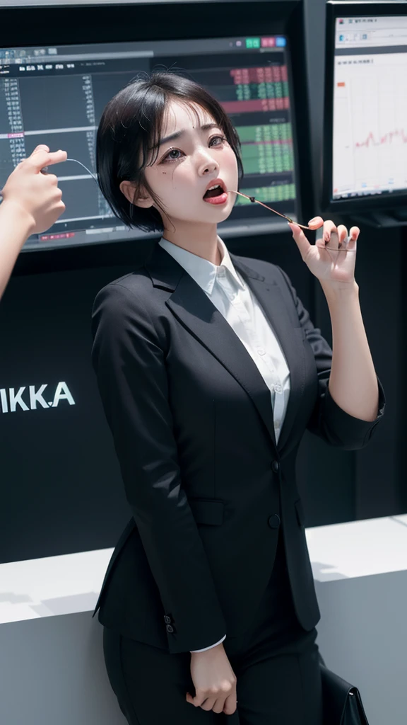 (ultra high definition, 8K, ultra high definition: 1.3),(stock market:1.2), Asian woman in her 20s, Beauty, short hair, stock exchange, bankruptcy, stocks fall,(despair:1.2), (scream: 1.3), One puppy, (tear: 1.3), dressed in suit