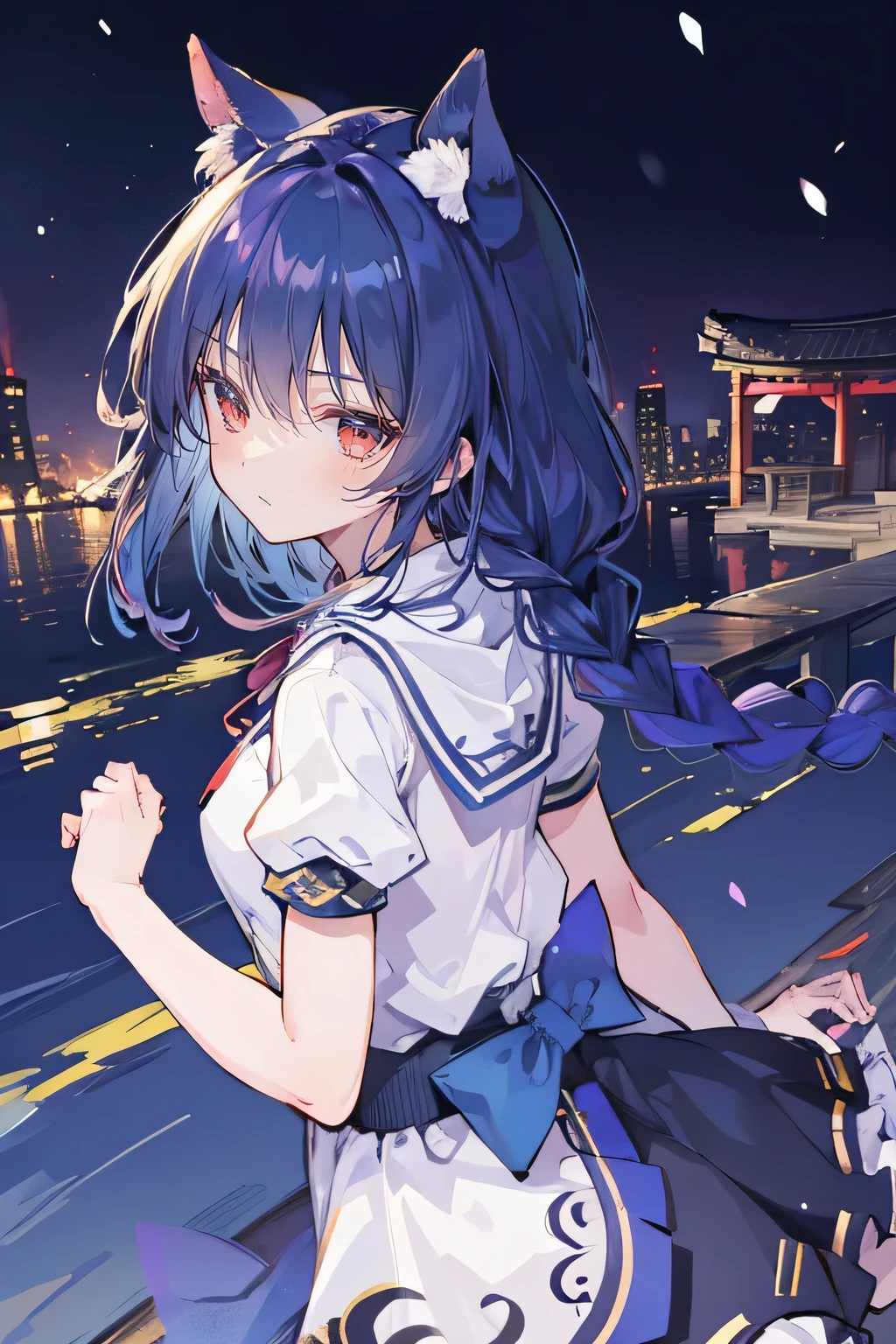 (masterpiece:1.2),Super detailed,lifelike,Expressive eyes,fair skin,perfect face shape,1 girl,
Japanese comics,Gorgeous blue hair,flowing blue hair,flowing clothes,Cat ears,Petals fall,beautiful lola,Baby Angel,
Shaking head with one hand,Cross your legs,Gentle and peaceful background,The pavilion is cool and comfortable,smile, wearing hoodie, background of tokyo,back views,snowing, winter,lie on the water.(Best Quality: 1.3), (Masterpiece: 1.3), (Illustration: 1.3), (Ultra Detailed: 1.3), (Imide Lens: 0.9), 1girl, Medium Breasts, Purple Eyes, ((Dark Blue Hair) ), hair accessories, young, clothing-gladiia, long hair, dark blue hair, indoors, black shorts, high socks, low ponytail, expressionless, upper body, close-up, coat, skirt,fgo style,like \(destiny\), like Adult, hair length, underwear, masterpiece, Top quality, 1 Girl, looking at the audience,(((braid)))、shameful face、Embarrassed face、Long body、huge 、