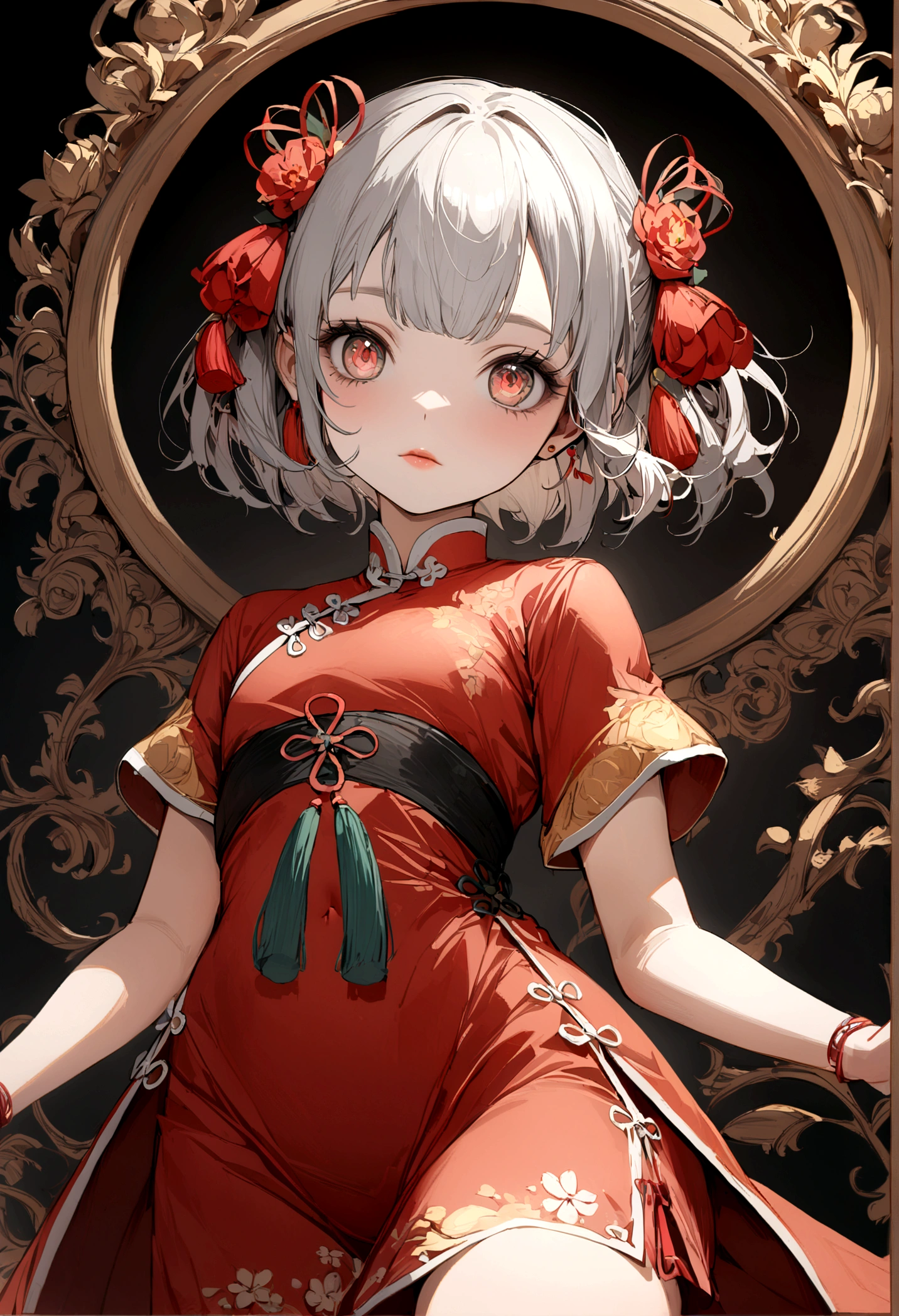 1girl, loli, chinese traditional dress, short qipao,Raise your legs forward high ,beautiful detailed eyes, beautiful detailed lips, extremely detailed face and eyes, long eyelashes, intricate details,, (best quality,4k,8k,highres,masterpiece:1.2),ultra-detailed