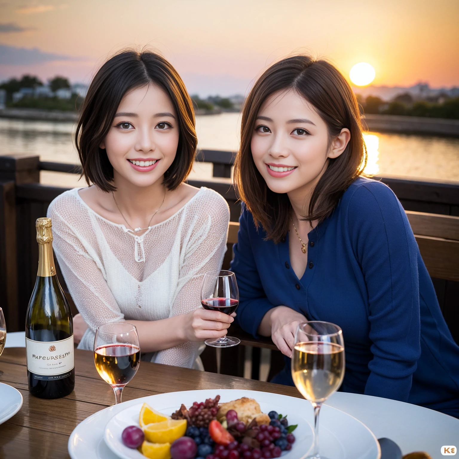 ((Highest quality、8K、masterpiece:1.3))、 (Genuineistic, Genuine、Bright image、Intricate details:1.2), 最高のsmile、1 male,1 female、Beautiful couple、Satomi Ishihara-like lover、Good friends、actress couple、smile、A full-course dinner with a full table、 (Slim face), (the body is slim), (Brown Hair), (short hair), テーブルのwine glass、Please shine a light on my face、 Amazing view of the sunset sky and clouds、36 years old)38 years old, red wine 、Wine bottle、sparkling wine、Long sleeve shirt、Pink Dress、White wine, red wine, wine glass,