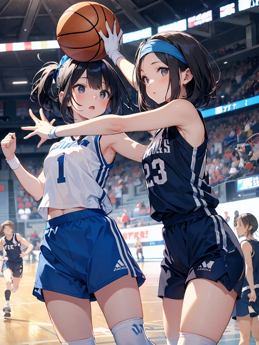 in a girl、funny、dress,（small breasts ) , short black hair, black eyes, playing basketball, blue sleeveless t-shirt with the number 10 on the chest and back, Matching shorts with a white line design on the sides, white sports shoes with blue details, white knee high socks, white wristbands, blue headband