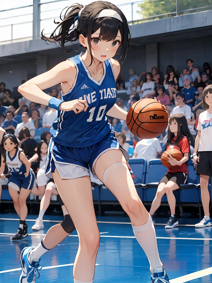 in a girl、funny、dress,（small breasts ) , short black hair, black eyes, playing basketball, blue sleeveless t-shirt with the number 10 on the chest and back, Matching shorts with a white line design on the sides, white sports shoes with blue details, white knee high socks, white wristbands, blue headband