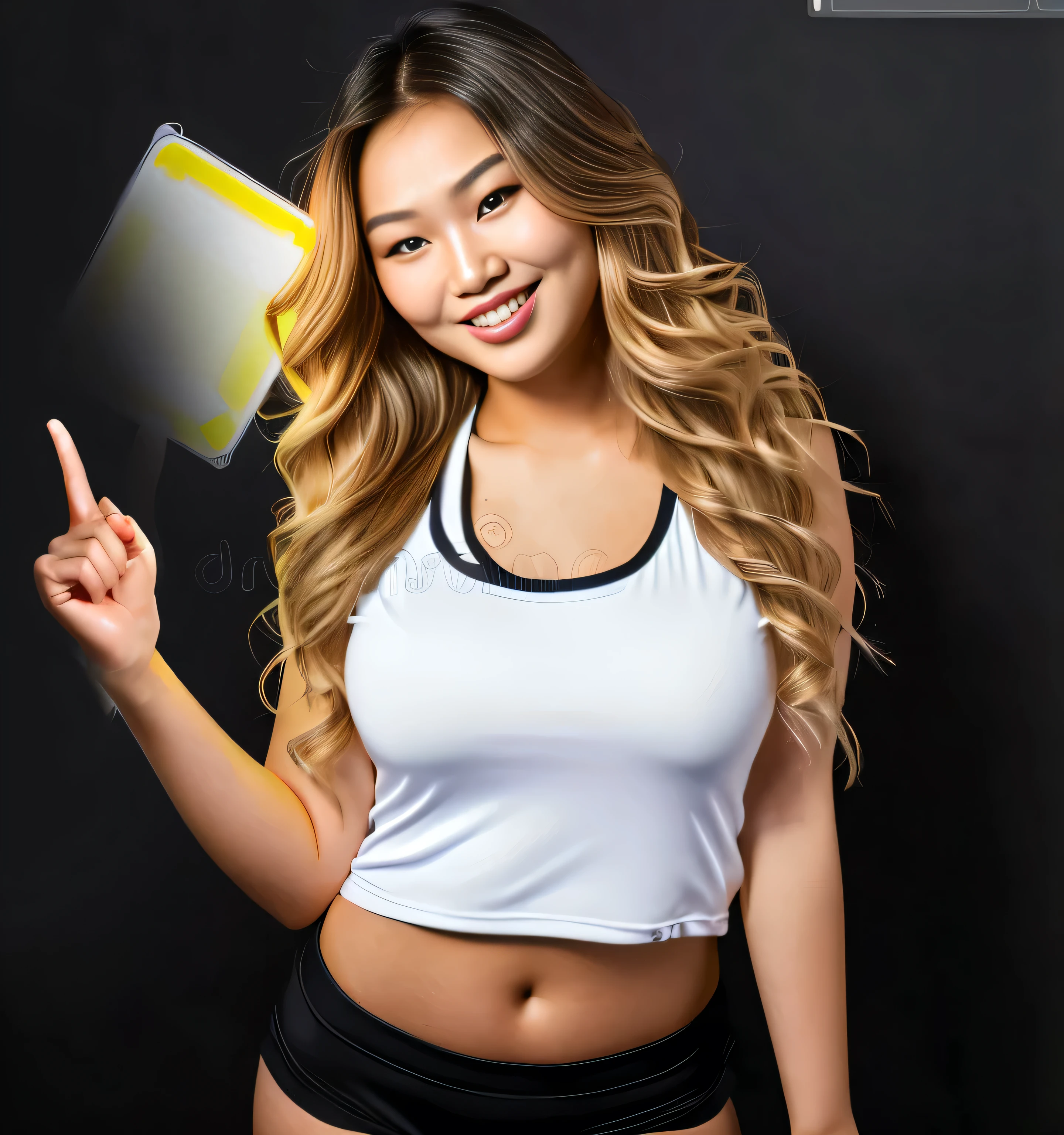 beautiful Kazakh girl photo hyperrealistic points her finger upward