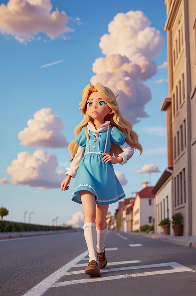 a street with clouds, a road made of clouds, with a long blonde hair, walked on the street with clouds