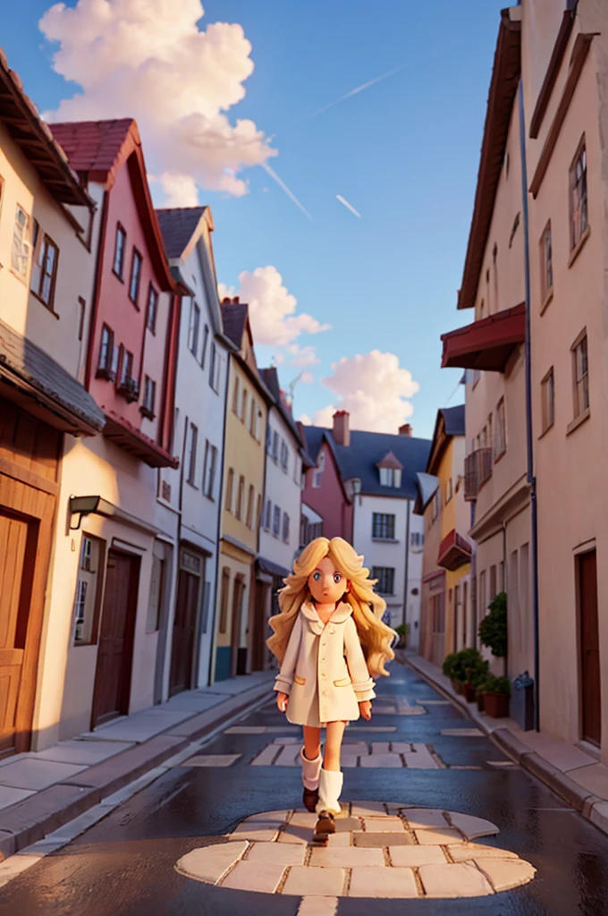 a street with clouds, a road made of clouds, with a long blonde hair, walked on the street with clouds