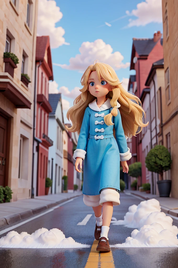 a street with clouds, a road made of clouds, with a long blonde hair, walked on the street with clouds