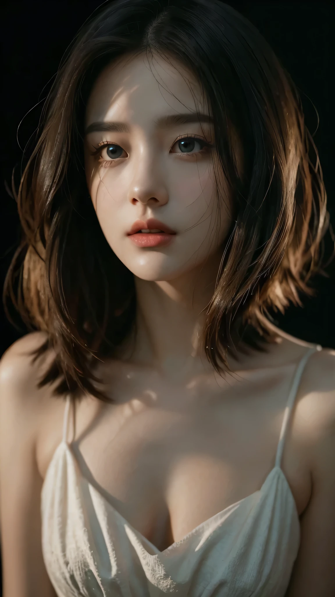 official art, wallpaper, ultra detailed, beautiful, masterpiece, best quality, (photo realistic:1.2), 1girl, bob hair, detailed face, evil stares, cinematic, cinematic view, dress, photography, dark background, looking at viewers, perfect lights
