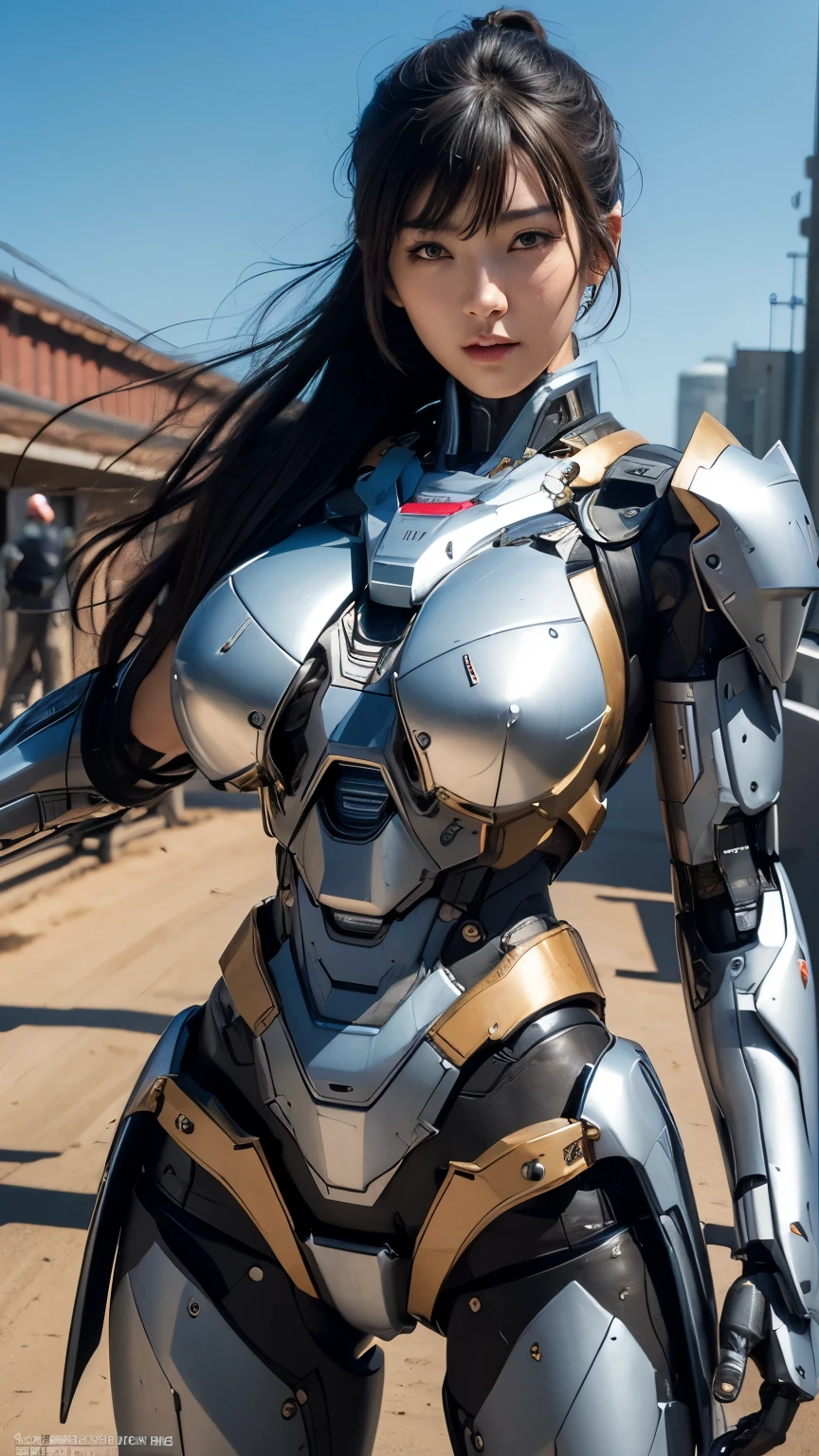 Textured skin, Super Detail, high details, High quality, Best Quality, hight resolution, 1080p, hard disk, Beautiful,(Super Heroine),Oppai Missile,beautiful cyborg woman,Mecha Cyborg Girl,Battle Mode,Girl with a Mecha Body,She wears a battle cyborg mech with a weapon,Fulll body Shot