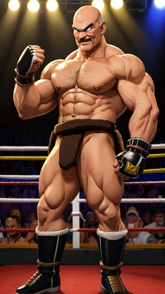 nappa, male focus, solo,cowboy shot, 1boy, bald, muscular male, abs ,black vambraces, veins, pectorals, thighs, black eyes , nipple , mustache, ( nude ) , tail around waist, (best quality, masterpiece) , BDSM , full body , boxing gloves , black boots , strip club stage , blushing face , ashamed face , Hide the hand , backside , show ass , anal bead