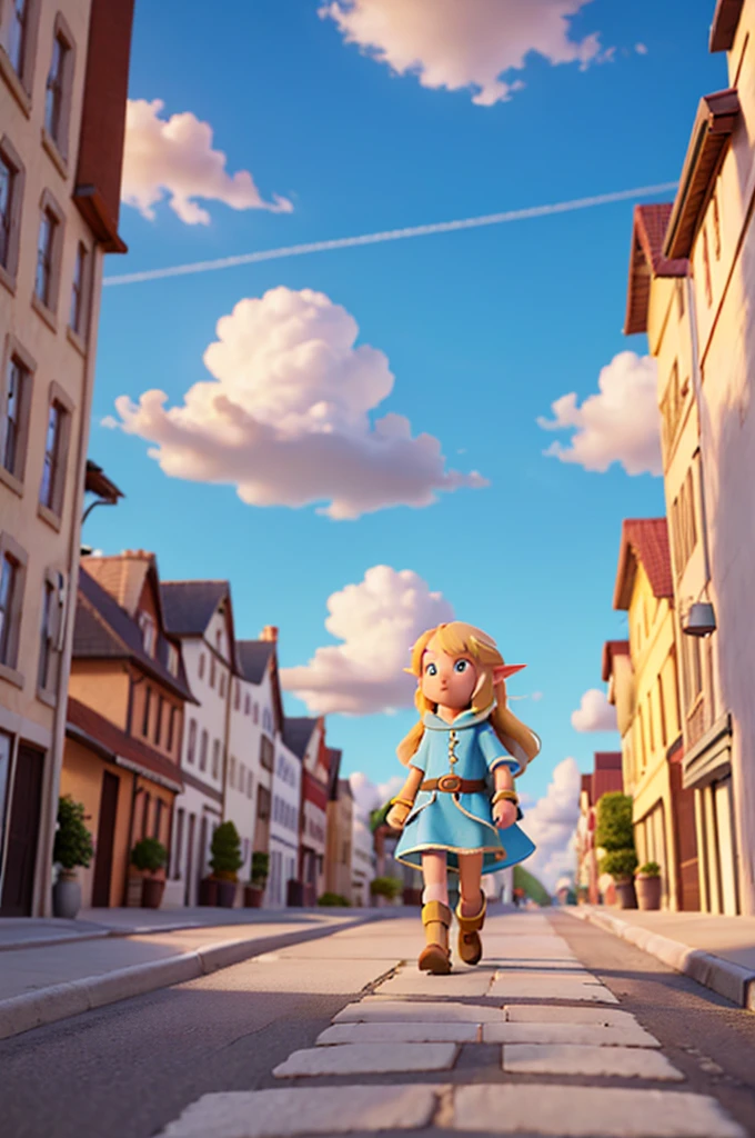 a street with clouds, a road made of clouds, with a long blonde hair elf ears, walked on the street with clouds