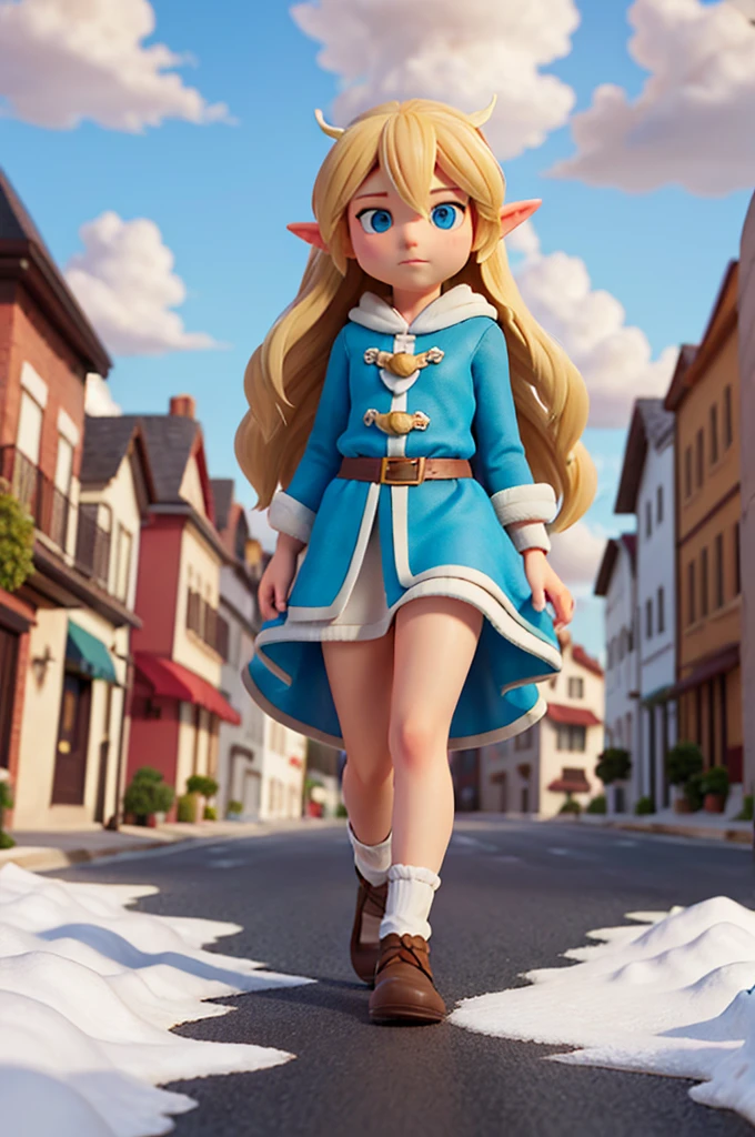 a street with clouds, a road made of clouds, with a long blonde hair elf ears, walked on the street with clouds
